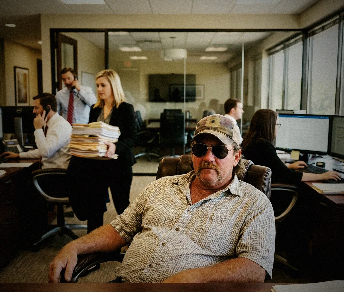 Dale at his firm, team working cases behind him on the phones