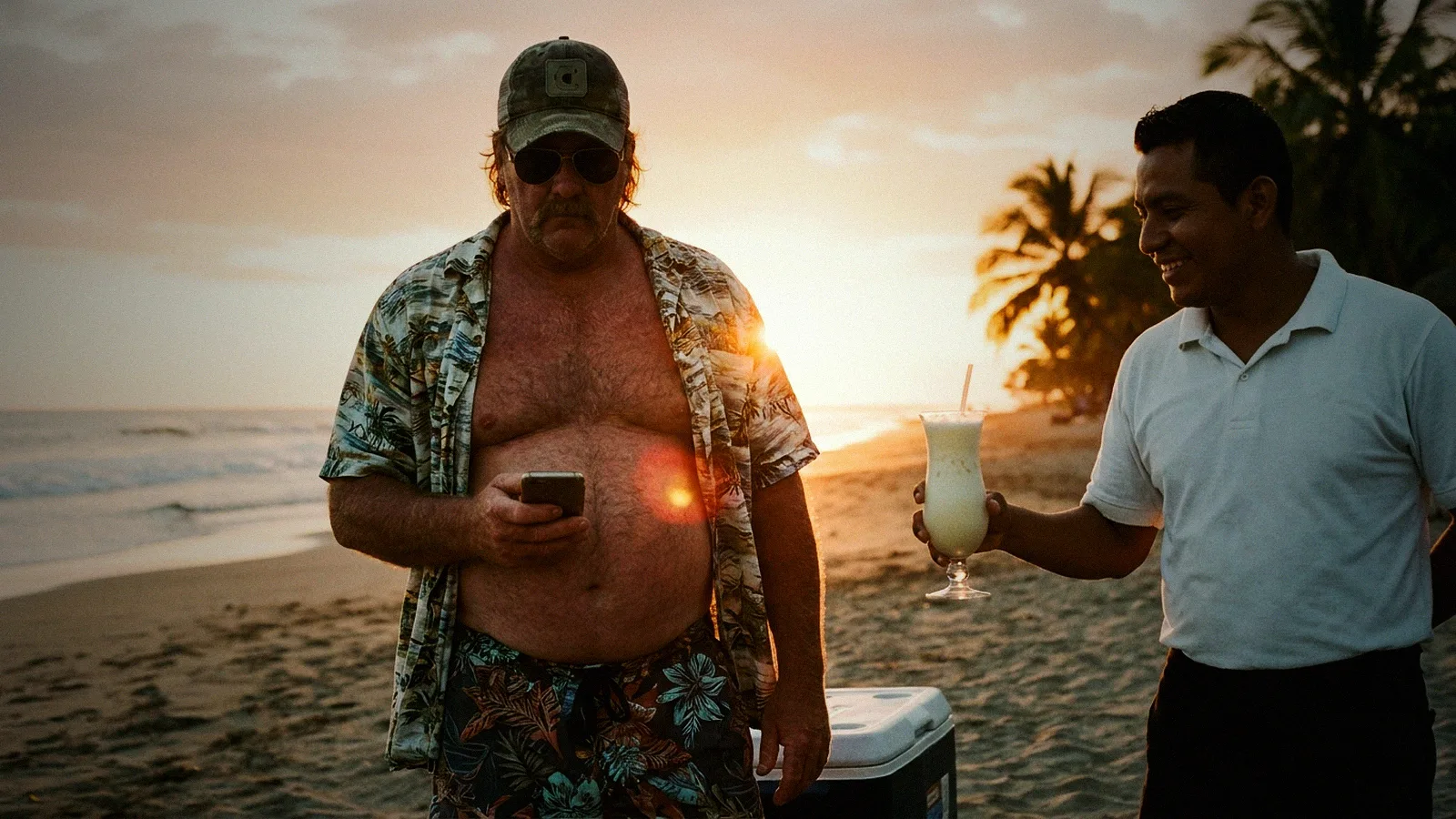 Dale, deadpan, at the beach.