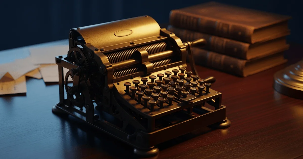 Antique mechanical adding machine on a dark mahogany desk under warm amber lamp light