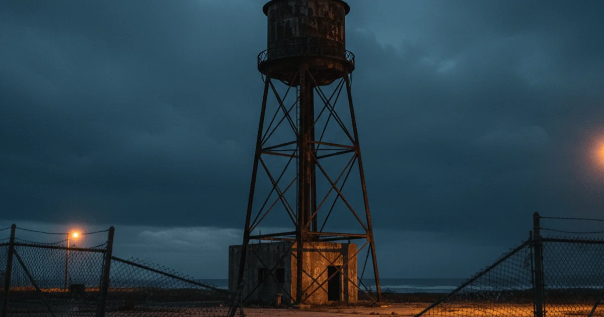 Abandoned military water tower at dusk with amber light casting long shadows across cracked pavement