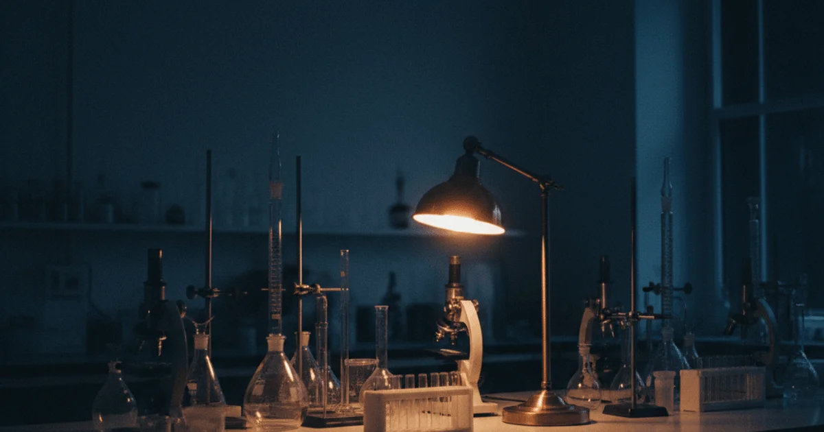Clinical research laboratory at night with microscope stations and glass equipment catching warm amber light