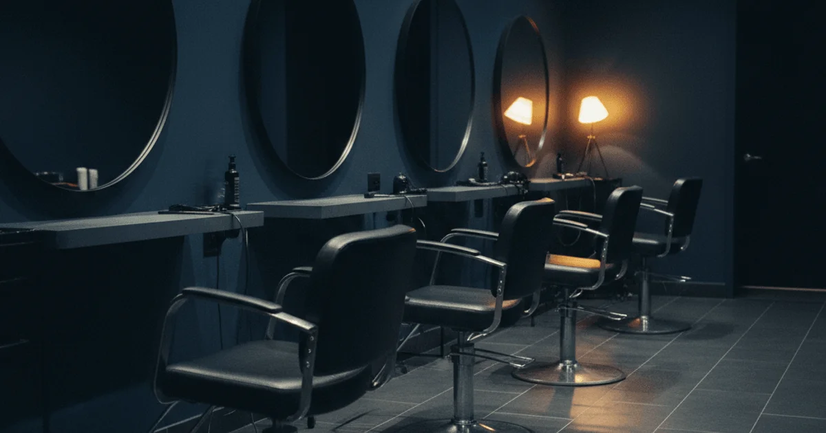 Beauty salon interior at closing time with amber light reflecting off polished surfaces and empty styling chairs