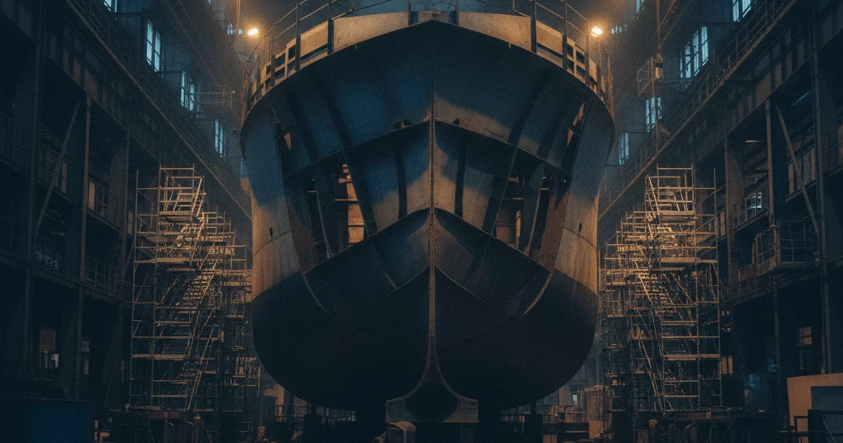 Industrial shipyard interior at twilight with amber warning lights cutting through dusty air