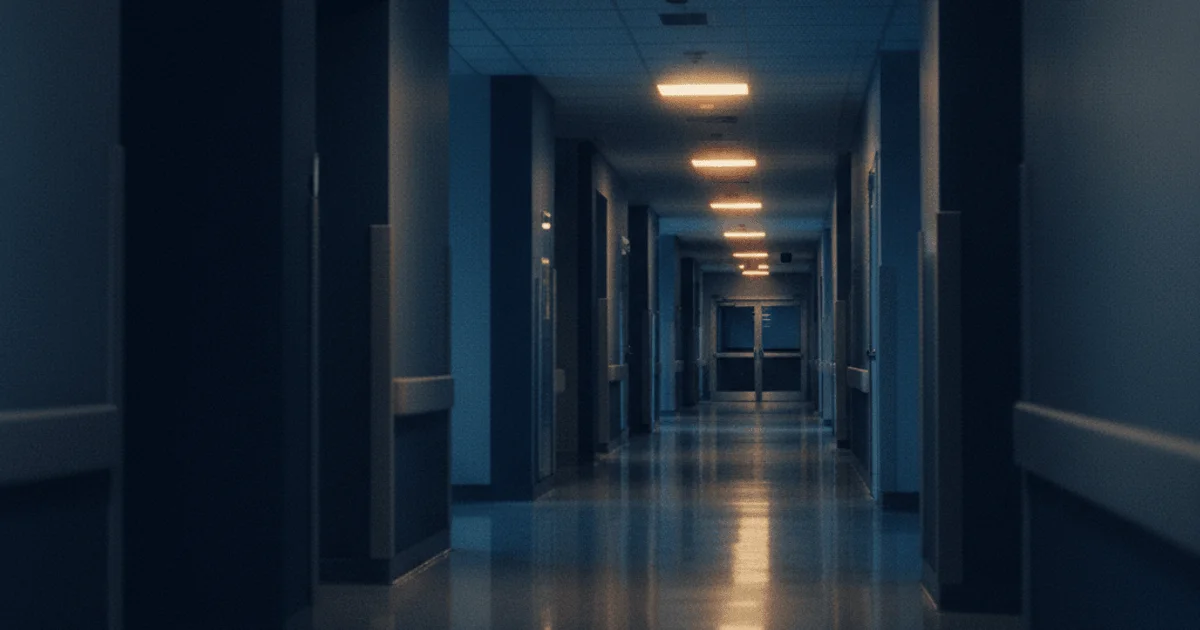 Hospital corridor at blue hour with polished floor reflecting warm amber ceiling lights receding to a distant vanishing point