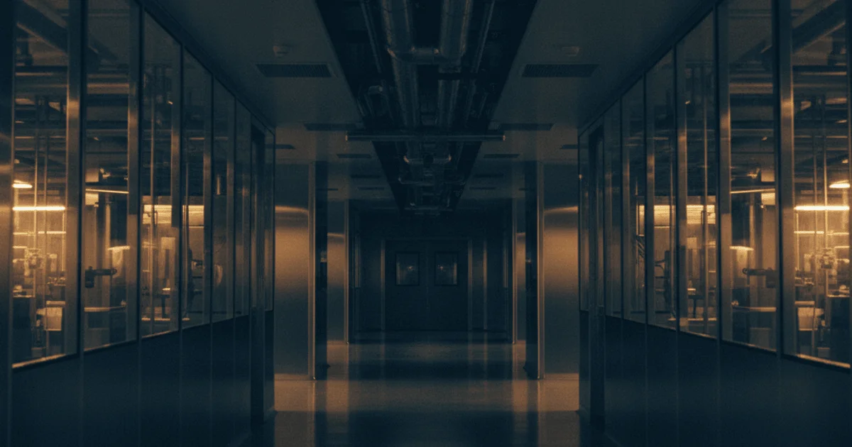 Pharmaceutical manufacturing facility at dusk with amber light through industrial glass panels