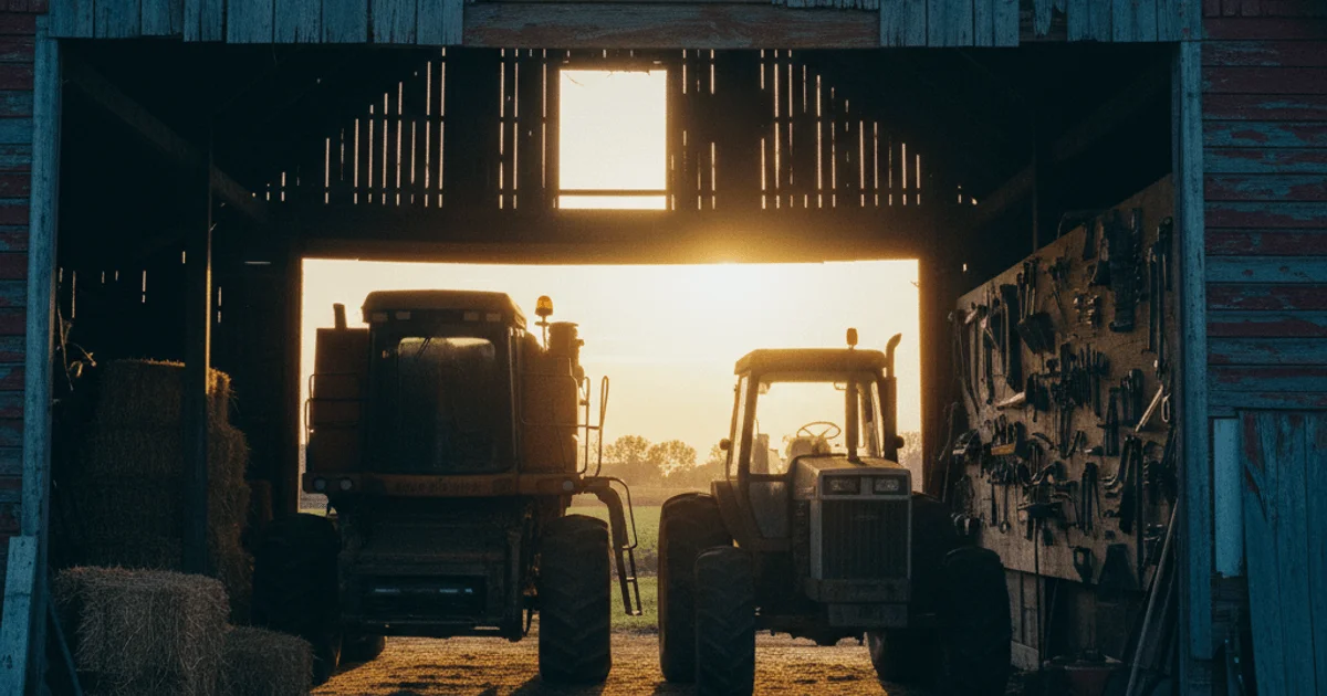 American farm equipment barn at golden hour with agricultural machinery silhouetted against amber sunset