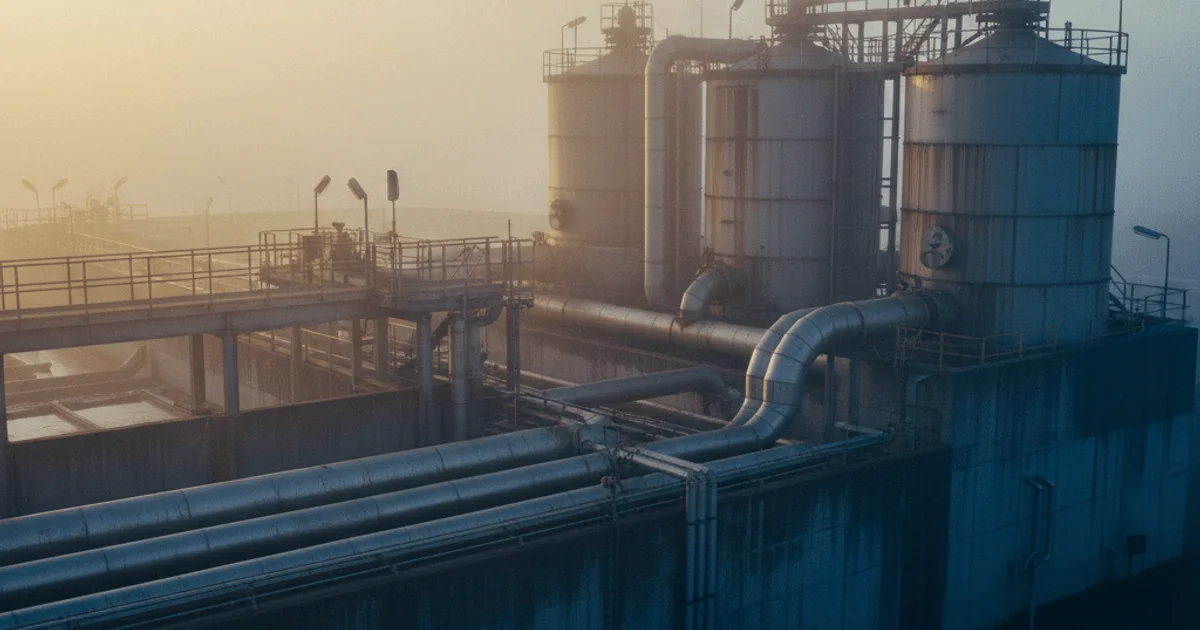Water treatment facility at dawn with massive steel filtration tanks and pipe infrastructure in early morning fog