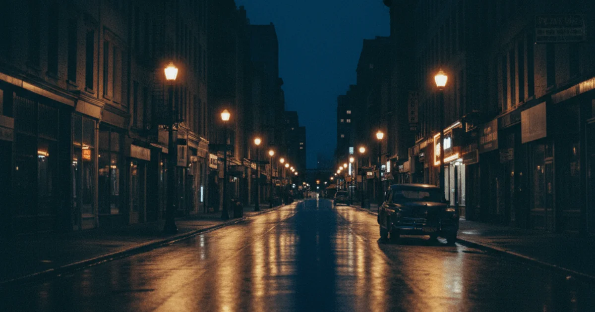 Empty city street at 2am with rain-slicked asphalt reflecting warm amber streetlights and neon against deep navy sky