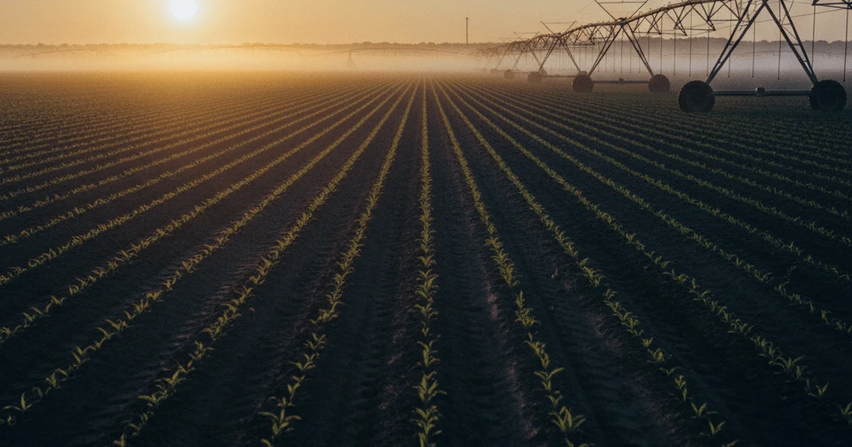 Vast American agricultural field at dawn with amber light through industrial sprayer silhouettes