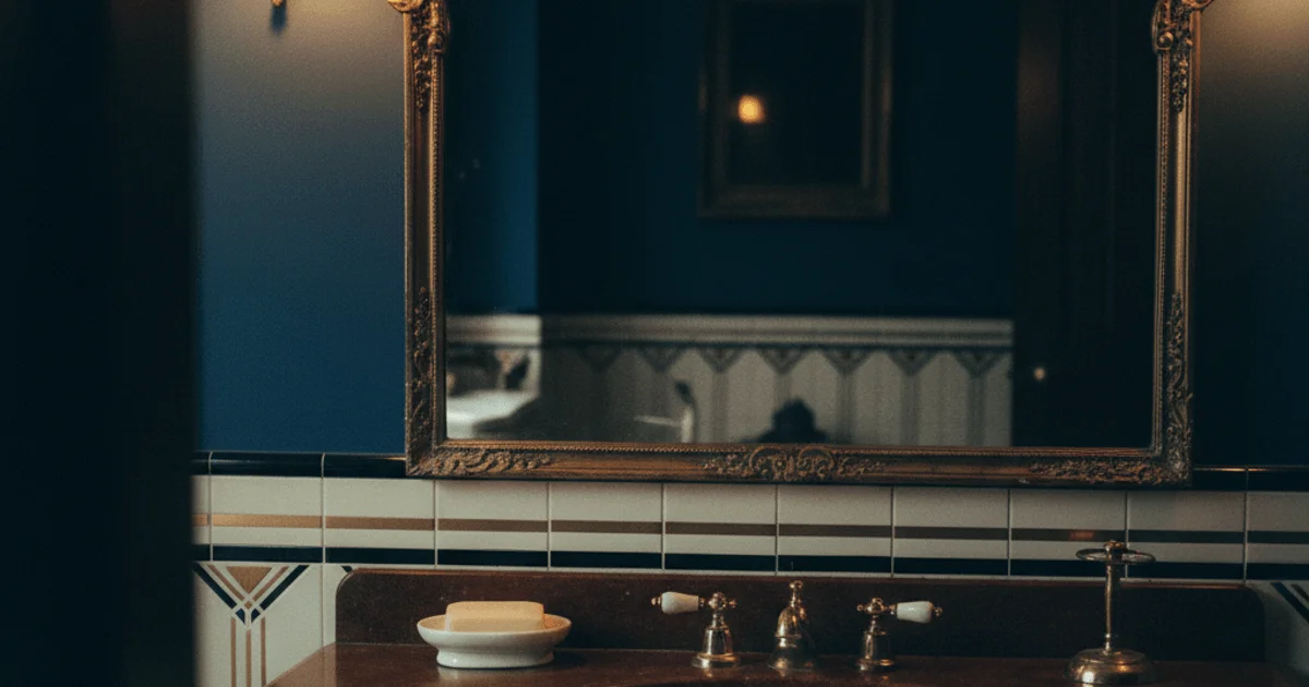 Vintage bathroom vanity surface in warm amber lamp light with ornate mirror reflecting deep navy room beyond