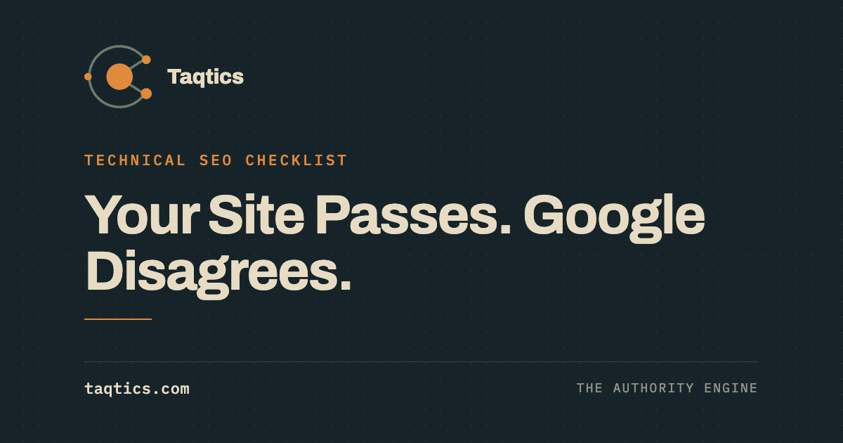 Technical SEO Checklist, a Taqtics briefing card on the brand ground