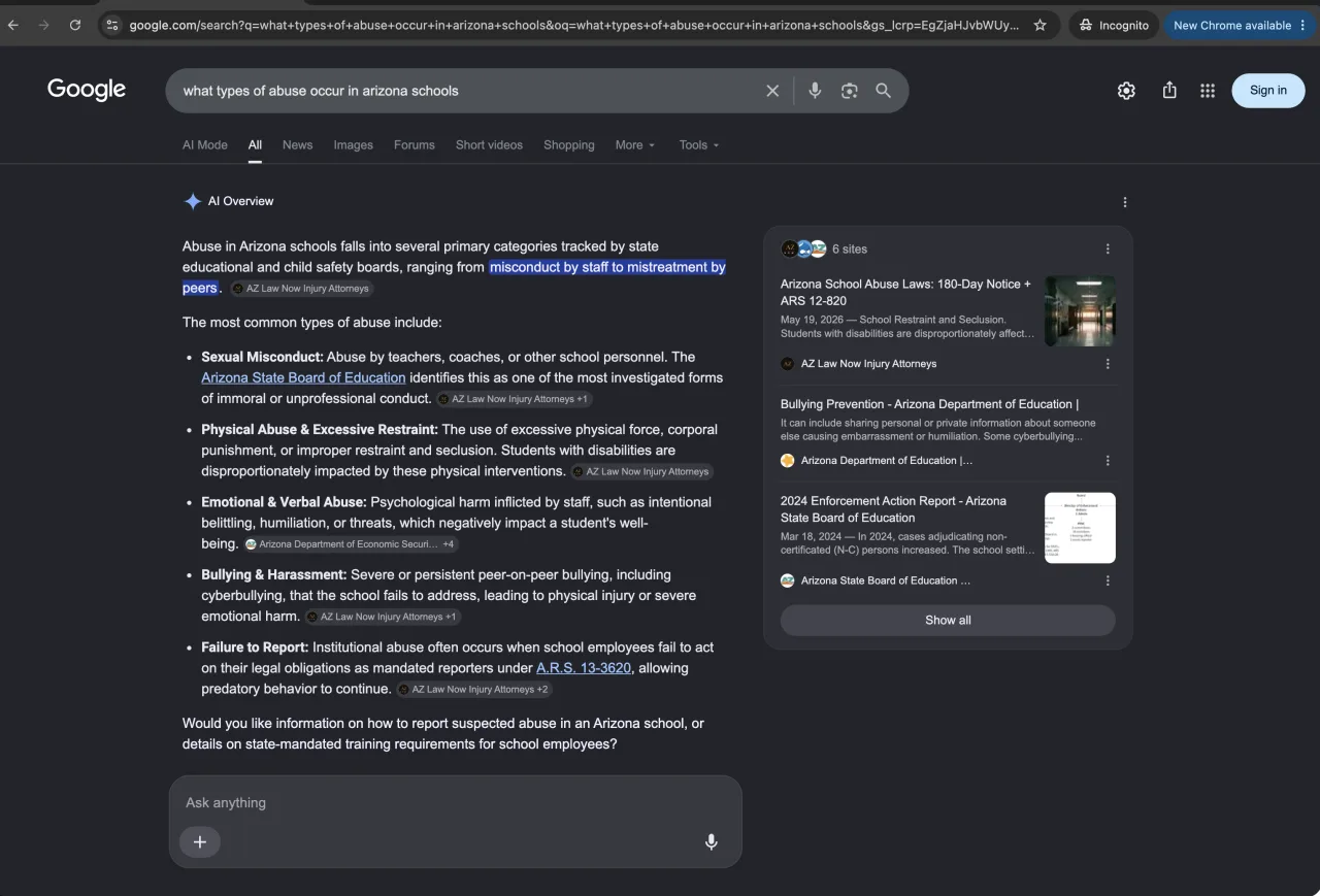 Google AI answer for "what types of abuse occur in arizona schools"
