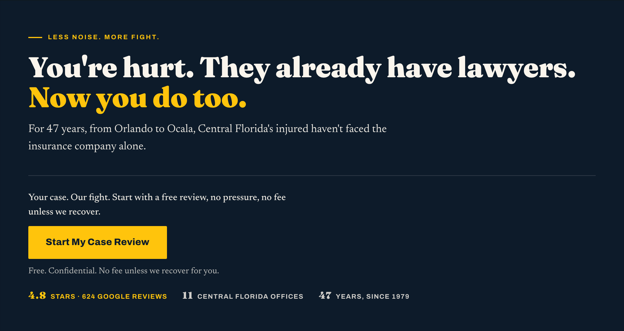 The relief-bullseye homepage hero we designed, on the firm's navy and gold